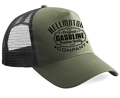 Hellmotors Gasoline Trucker Cap Hotrod Oldschool Rock n Roll Kappe Oliv V8 UScar