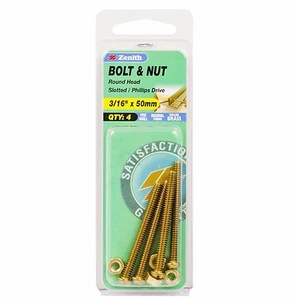 2x Zenith BOLT & NUT ROUND Head Exterior SOLID BRASS- 3/16" x 50mm 4pcs *EAK1650 - Picture 1 of 1
