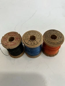 BELDING CORTICELLI Lot/3 Vintage SILK THREAD/Wooden Spools, Black, Blue, Orange - Picture 1 of 4