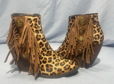 Botines de cuña de lujo salvaje muy volátiles con flecos de leopardo rock chic festival 6,5 Foto 1 de 4