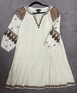Karen Kane Beige Boho Tiered Embroidered Dress Lined Linen Blend Pockets Sz L - Picture 1 of 14