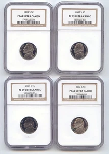 4 Proof Jefferson Nickel,All NGC PF-69 Ultra Cameo,1999-S,2000-S,2001-S,2002-S - Picture 1 of 2