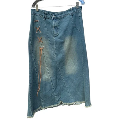 Vintage Boho Y2K Denim Midi Skirt Lace-Up Frayed Hem Distressed XL A-Line Grunge - Image 1 of 4