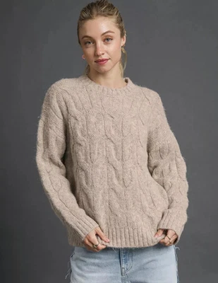 Suéter para mujer Umgee caqui piedra tejido con cable acogedor suéter tejido con cable Foto 1 de 4