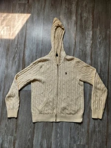 Ralph Lauren Sport Yellow Jacket Hood Pockets Pony Logo Full Zip Cable Knit Sz L - Bild 1 von 8