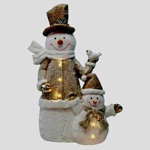 Snowman Family with LED in rustic brown and white - with Timer - Picture 1 of 5