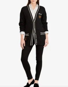 LAUREN RALPH LAUREN Bullion-Patch Cardigan Black Size Small Academia Classy - Picture 1 of 10
