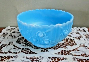 Fenton Blue Marble 9224 7 " Round Bowl Rose Pattern - Picture 1 of 10