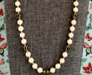 Signed Napier Faux Pearls and Black With Gold Beads 24" Necklace Vintage - Picture 1 of 5