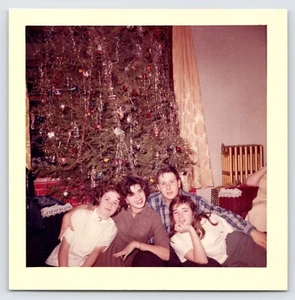 Vintage c1960s Photo - Happy Family Smiling Posing Under Christmas Tree - Picture 1 of 3