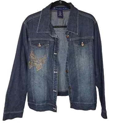 Vintage GX Studded Butterfly Denim Jean Jacket Plus 2X Medium Wash Stretch - Image 1 of 4