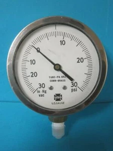 USG PRESSURE GAUGE TUBE-PH BRZ BRASS CONNECTOR 1/2" 0-30 PSI IN HG VAC 3.75 FACE - Bild 1 von 8
