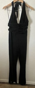 SILENCE+NOISE WOMEN’s BLACK SPARKLY JUMPSUIT SIZE:M FLARE LEG HALTER TOP 1PIECE - Picture 1 of 7