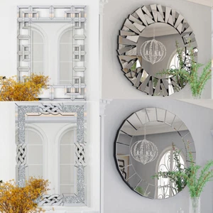 Large Rectangle/Round Decorative Wall Mirror Silver Polished Art Diamond Mirrors - Picture 1 of 42