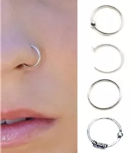100% Solid Sterling Silver Small Thin Nose Ring Stud Hoop 6mm & 8mm - Picture 1 of 1