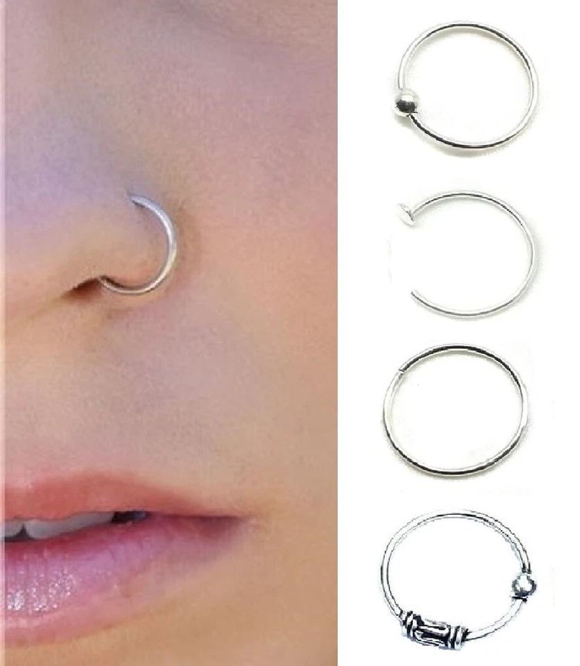 100% Solid Sterling Silver Small Thin  Nose Ring Stud Hoop 6mm & 8mm - Image 1 of 1
