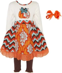 Ann Loren BNWT Girl’s Thanksgiving Outfit Chevron Pumpkin Dress Size 7-8 - Picture 1 of 6