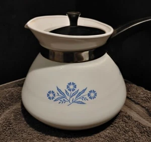 Vintage Corning Ware Blue Cornflower 6 Cup Coffee Tea Pot Kettle Metal Lid - Picture 1 of 12