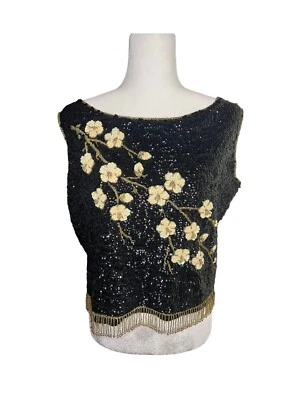 Top de lentejuelas vintage años 50 cuentas a mano con flores 3D Foto 1 de 4