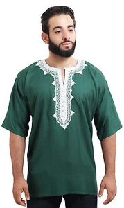 Moroccan Men Tunic Shirt Cafan Casual Handmade Embroidered Cotton Large Green - Picture 1 of 6