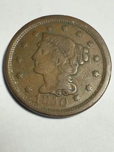 1850 USA Braided Hair 1 Cent Coin - Picture 1 of 2