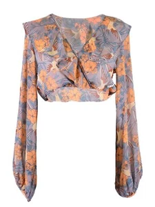 Captivating Humming Bird Paradise Sheer Chiffon Ruffle Cropped Blouse,Small - Imagen 1 de 5
