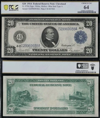 SC 1914 $20 Fr.979a Cleveland, OH FRBN Blue Seal PCGS 64 - Choice Uncirculated - Image 1 of 4
