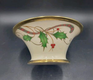 VTG Lenox Holiday Nouveau Gold Bowl Candy Bon Bon Dish Holly Berry & Ribbons - Picture 1 of 7
