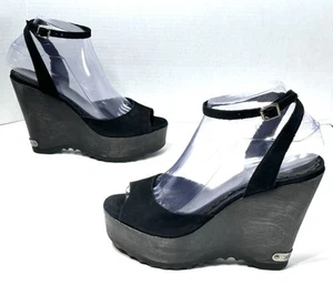 Juicy Couture Vintage Black Suede Wedge Sandals Wood Platform Heels Size 7 US - Picture 1 of 16