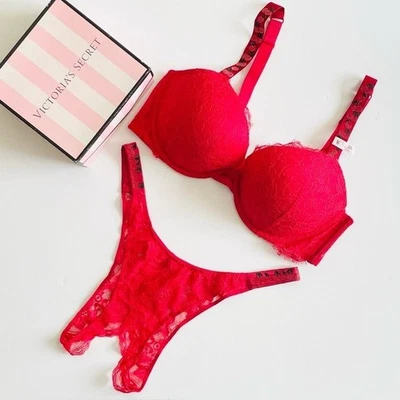 38D XL Victoria’s Secret red cherry bling shine strap bra set brazilian panties - Image 1 of 4