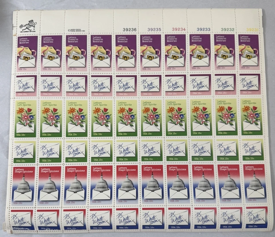 United States Postage 15 Cent “Letters Stamp” 3 Sheets of 50 Stamps 150 Pieces - Image 1 of 4