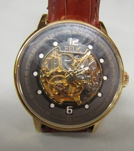 Relic by Fossil Men's Automatic Watch Gold Colored Case Brown Leather Strap - Picture 1 of 8