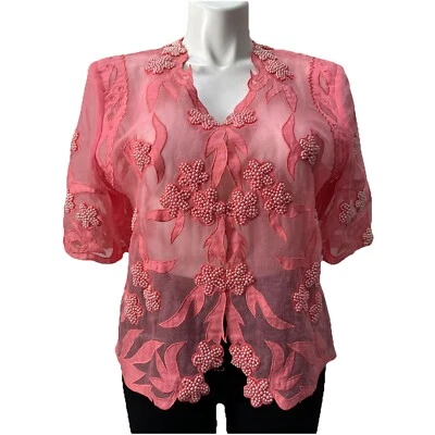 De Colección Lugiana Mujeres Talla Grande 18 Cárdigan Coral Rosado Transparente Cuentas Cubierta Formal Foto 1 de 4
