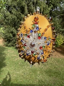 Push Pin Christmas Handmade Vintage Ornament Rhinestone Silk Gold w/ silver star - Picture 1 of 10