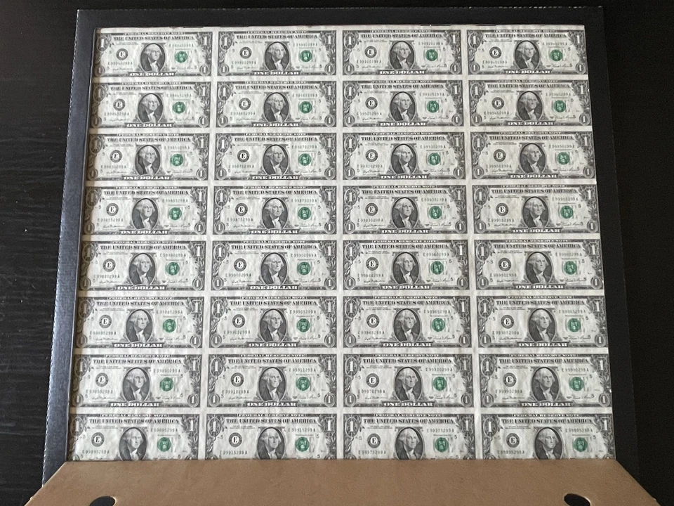 Uncut Currency Sheet of 32 Notes $1 Dollar Bills 1981  Buchanan  Regan - Image 1 of 4