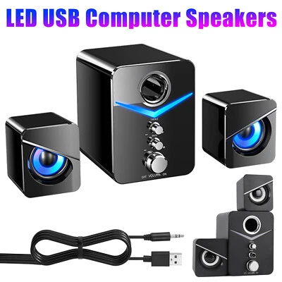 Wired Computer Speakers System Stereo Bass Subwoofer LED For Desktop Laptop PC - Image 1 of 4