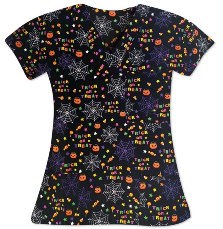 NWT Women's Large Halloween Trick Or Treat Print I Love Scrubs Scrub Top - Image 1 of 1