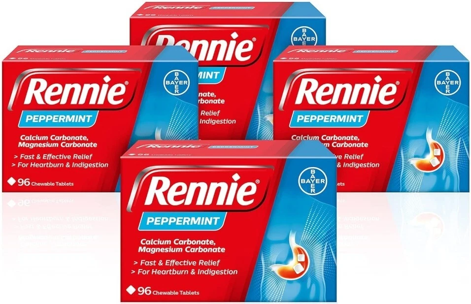 4 x 96 Rennie Peppermint Antacid 384 Chewable Tablets Heartburn Indigestion - Image 1 of 1