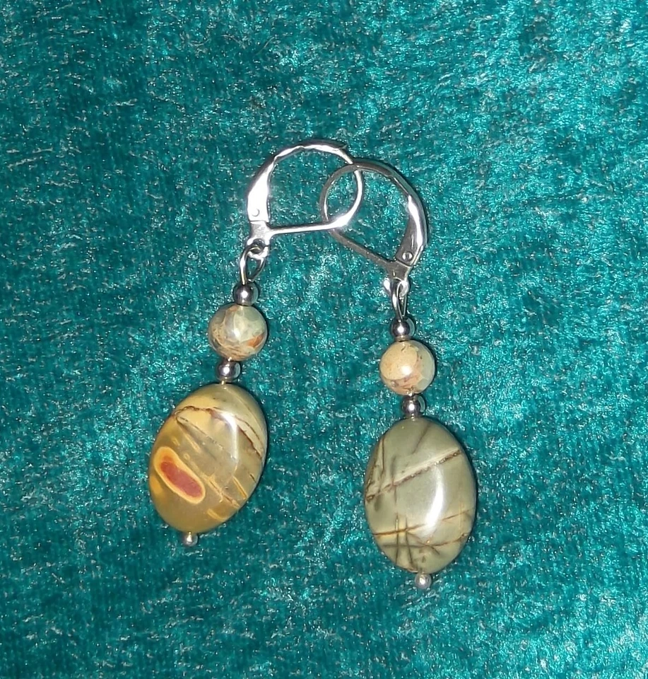 PICASSO JASPER CRYSTAL GEMSTONE EARRINGS, BROWN, DROP, PIERCED, NEW, AUSTRALIAN - Imagem 1 de 3