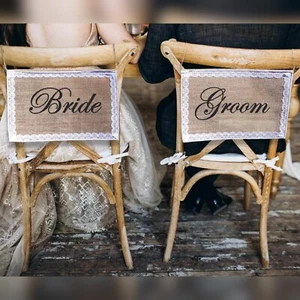 Bride and Groom Chair Signs - Rustic Hessian Wedding Chair Banners Jute 2Pcs - Picture 1 of 2