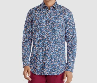 $295 Paul Smith 意大利男式蓝色花卉棉长袖正装衬衫 15 码 — 第 1/4 张图片