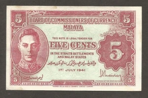 Malaya 5 Cents 1.7.1941; AU; P-7; BNB-B108a1; King George VI; "Eye level" WWII - Picture 1 of 2