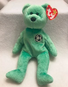 Ty KICKS Green Soccer Bear 9" Stuffed Soft Plush Animal Toy 1998 Weighted Bottom - Picture 1 of 4