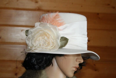 Sombrero 1912 1900 Titanic Eduardiano Hecho a Mano EE. UU. Histórico Blanco Melocotón Naranja Feathr  Foto 1 de 4