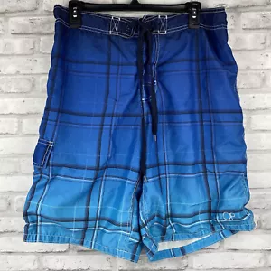 OP Men Blue Black Striped Board Swim Shorts Lace Up Pockets Size Medium - Picture 1 of 3