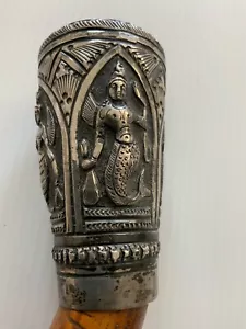 Indian Silver Walking Stick - The Indian Silver Head is Embossed with Four... - Picture 1 of 9