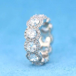 Simulated Diamond Full Eternity Cluster Ring 5Ct Round Cut 14k White Gold Plated - Picture 1 of 9