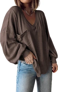 Women'S Casual V Neck Ribbed Knit Shirts 2025 Fall Pullover Tunic Tops Loose Bal - Picture 1 of 12