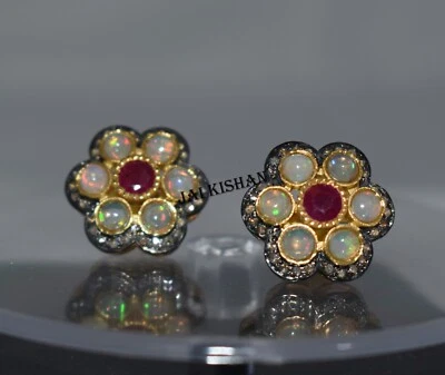 Etiope Opale E Rubino Gemma Pavé di Diamanti 925 Argento Sterling Dainty Parure - Immagine 1 di 4