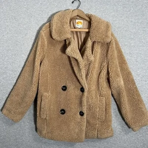 C&C California Sherpa Jacket Womens Medium Tan Teddy Fleece Cozy Oversized - Picture 1 of 14